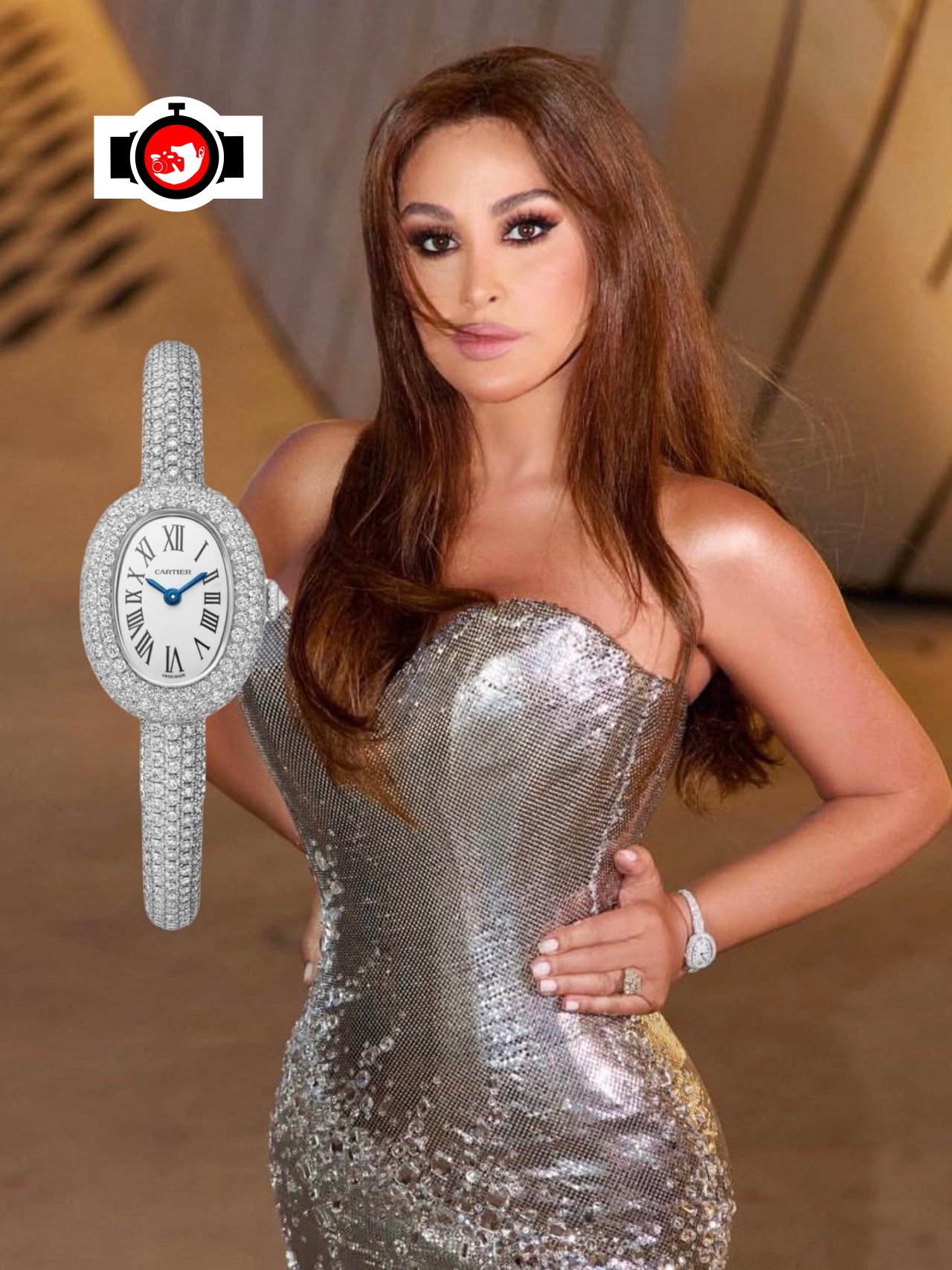 Singer Elissa Wearing Cartier Baignoire Ref. WB520006 in White Gold with Full Diamond Pavé