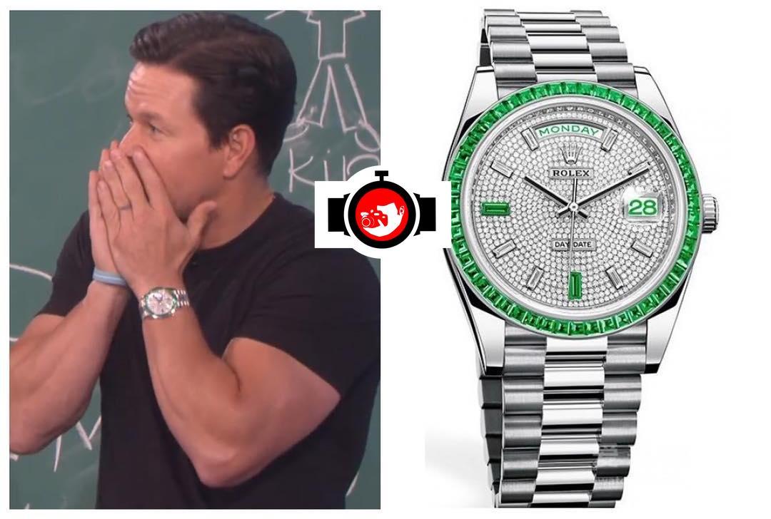 A Closer Look at Mark Wahlberg's Rolex Day-Date 40 with an Emerald Bezel in Platinum