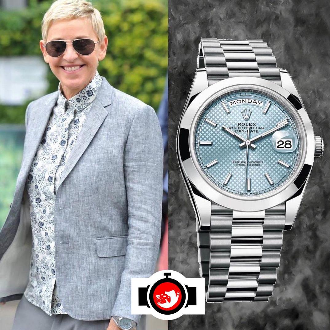 Ellen DeGeneres's Dazzling Watch Collection: A 40mm Rolex Day-Date Platinum with an Ice Blue Dial and President Bracelet.
