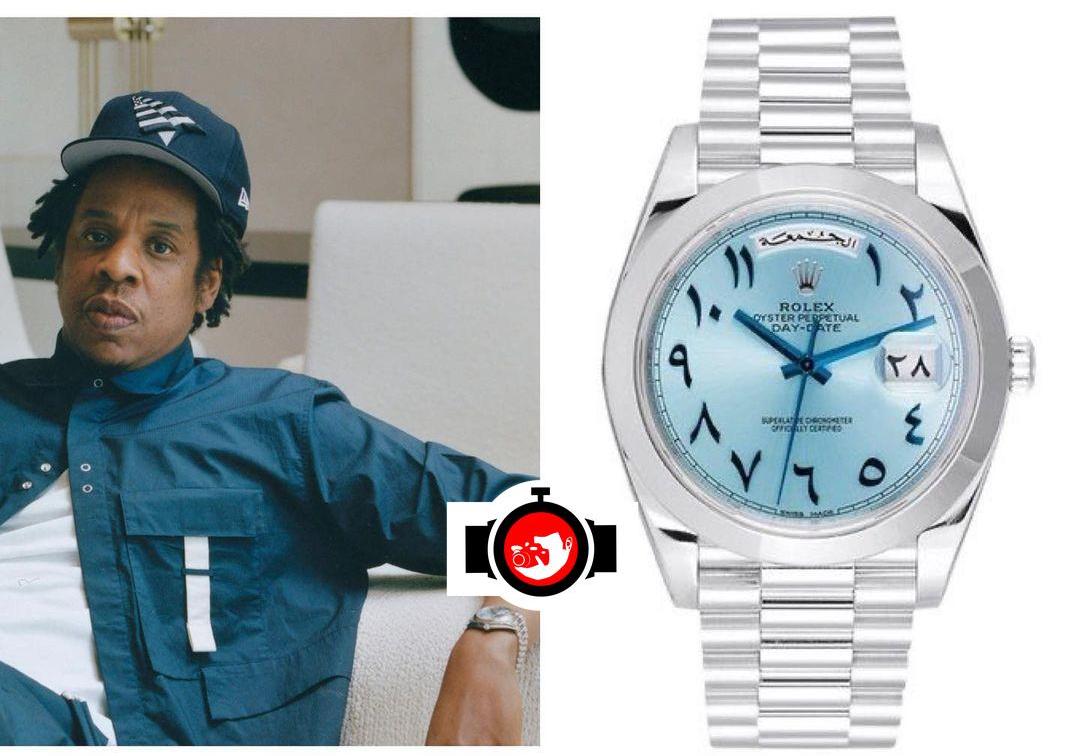 Jay-Z's Watch Collection: A Closer Look at the Platinum Rolex Day Date 40 with Ice Blue Dial and Arabic Numerals