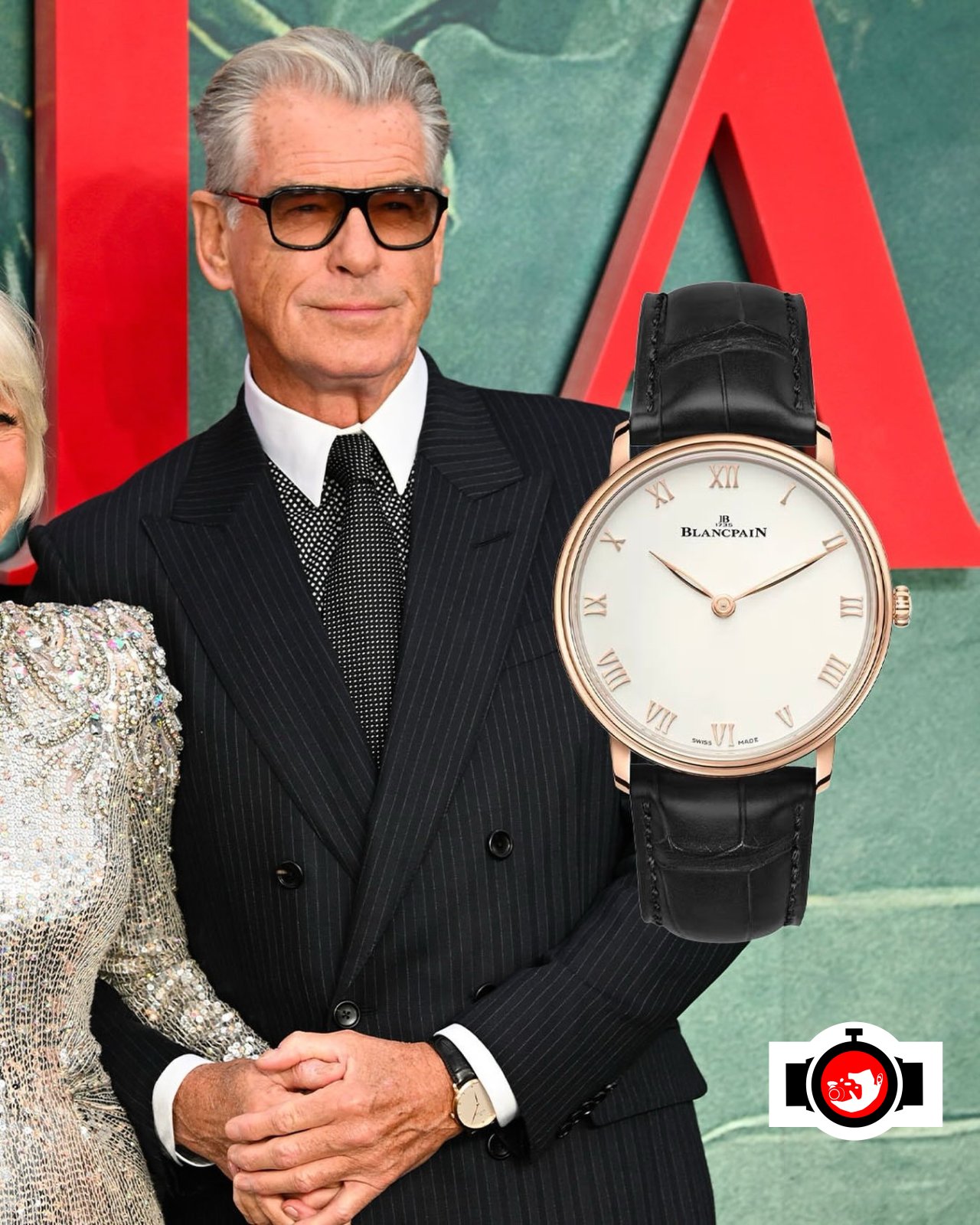 actor Pierce Brosnan spotted wearing a Blancpain 6605-3642-55B