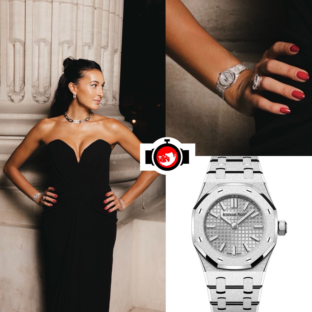 Sara Balzer Spotted Wearing Audemars Piguet Royal Oak Mini 67630BC in Frosted White Gold at Paris Fashion Week