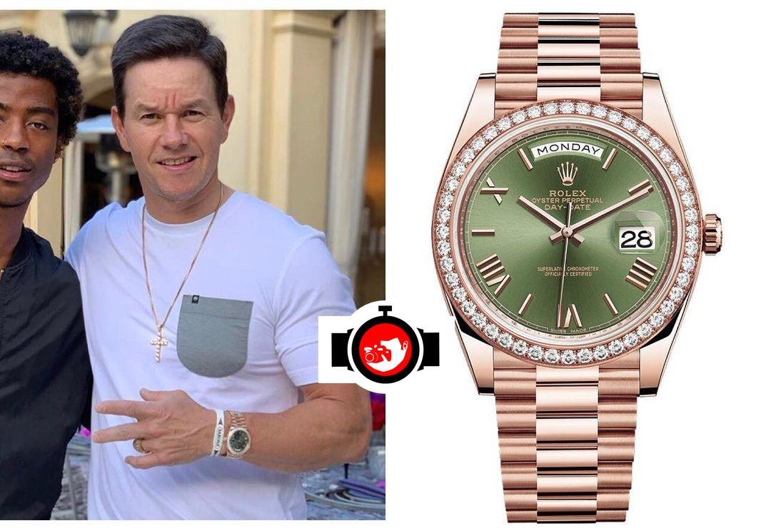 Mark Wahlberg's Luxurious 18K Rolex Day Date 40 with Diamond Bezel and Olive Green Dial