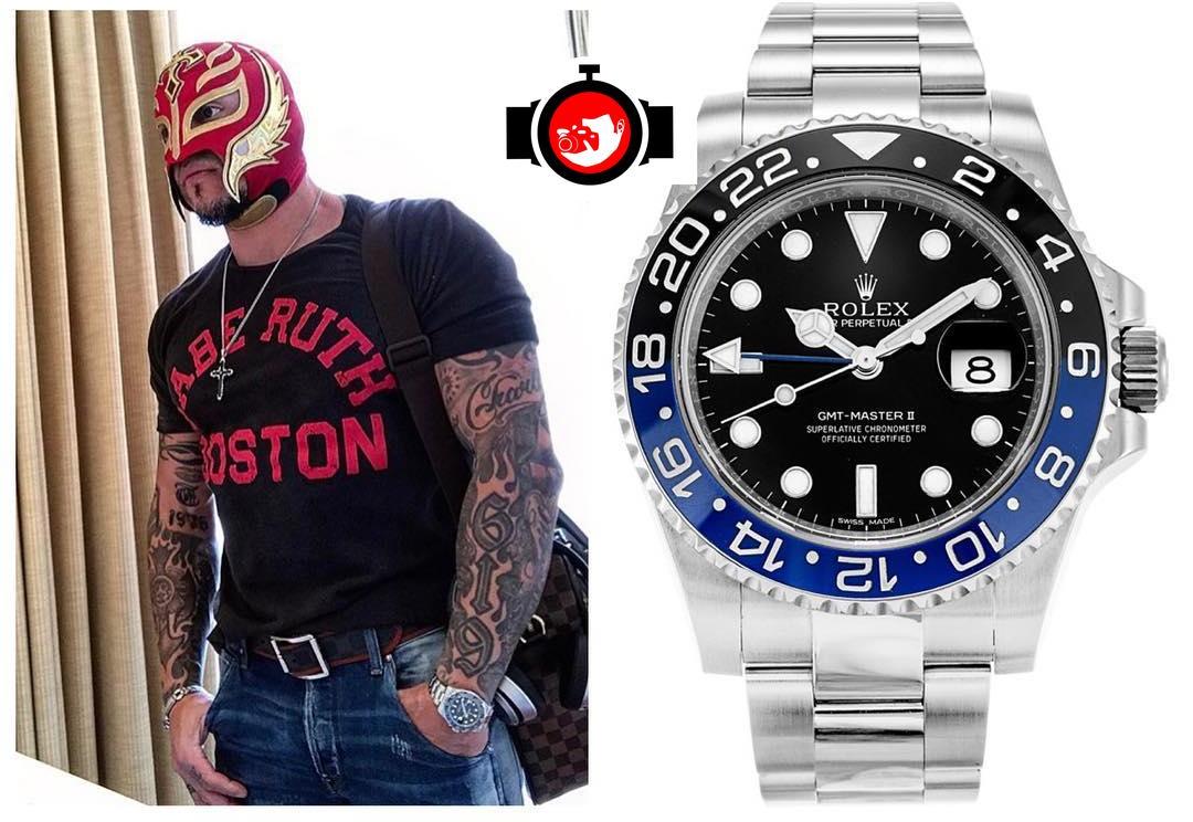 wrestler Rey Mysterio spotted wearing a Rolex 116710BLNR