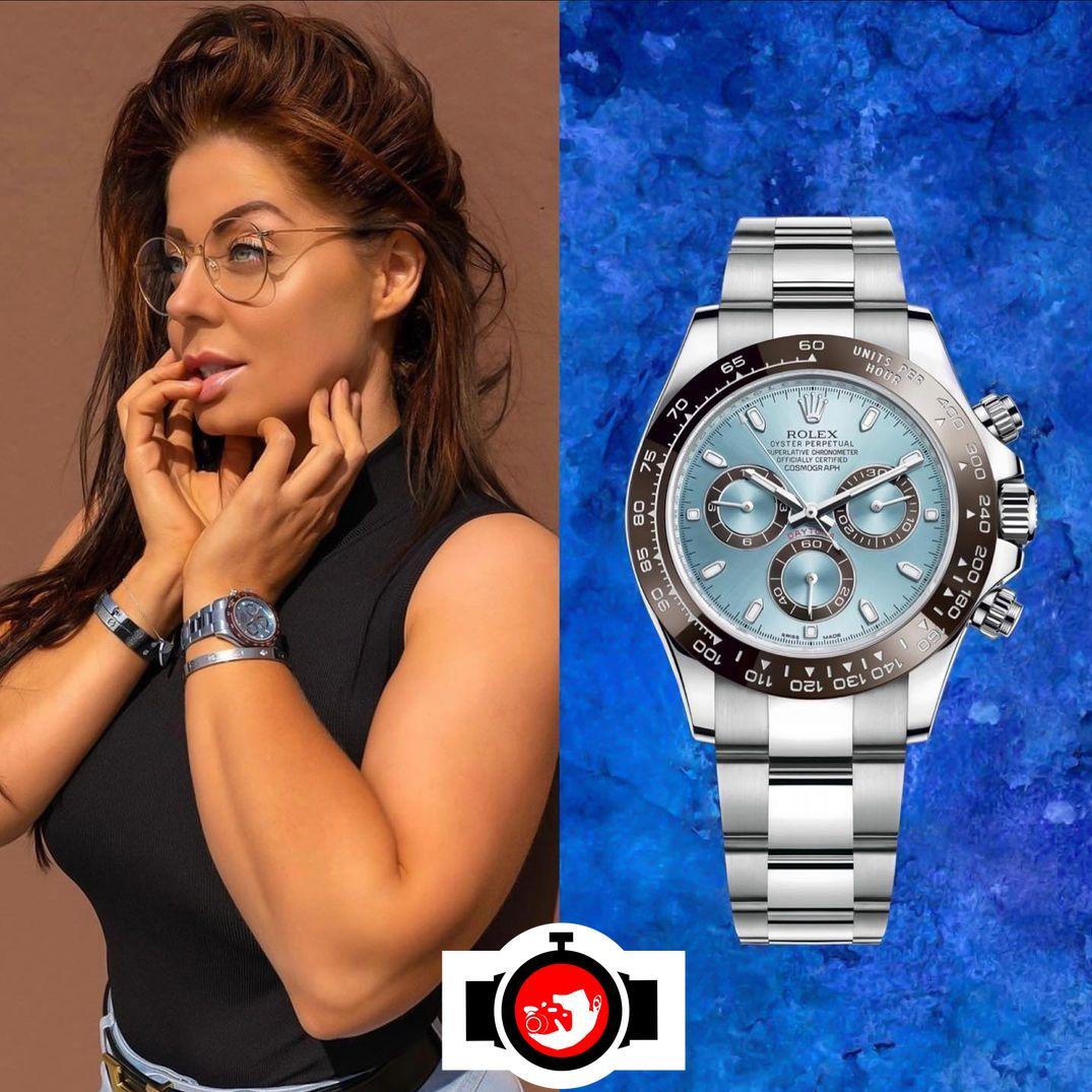 model Mia Sand spotted wearing a Rolex 116506