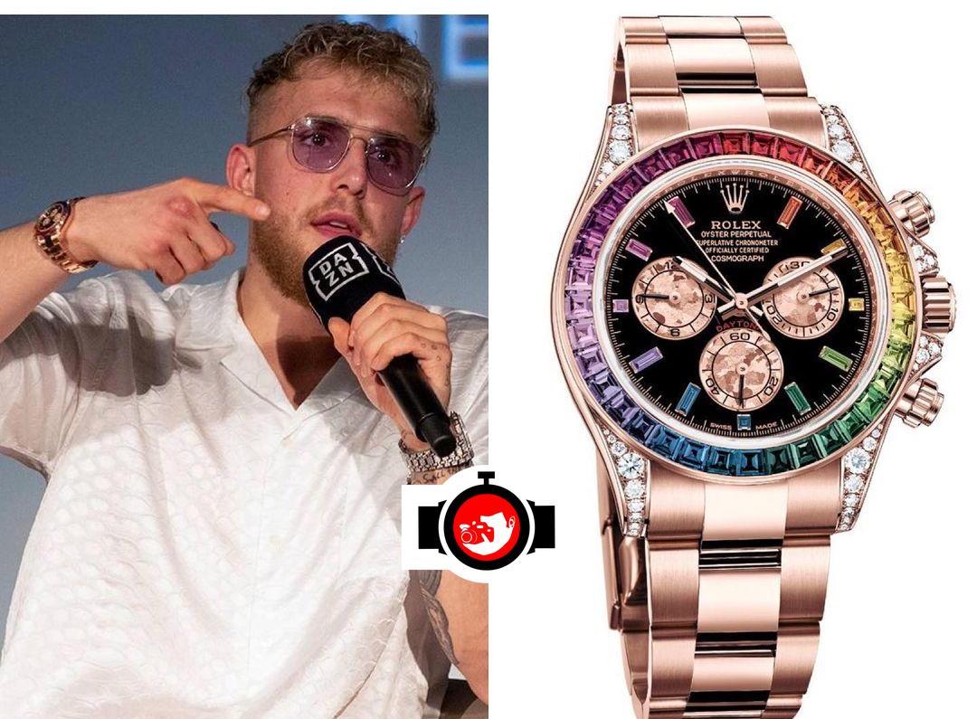 Feast your eyes on Jake Paul's 18KT Everose Gold Rolex Rainbow Daytona with Factory Set Sapphires