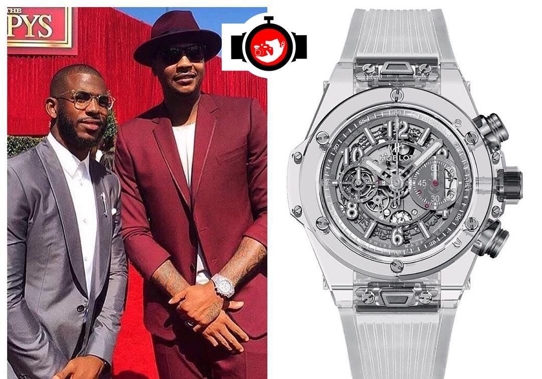 basketball player Carmelo Anthony spotted wearing a Hublot 411.JX.4802.RT