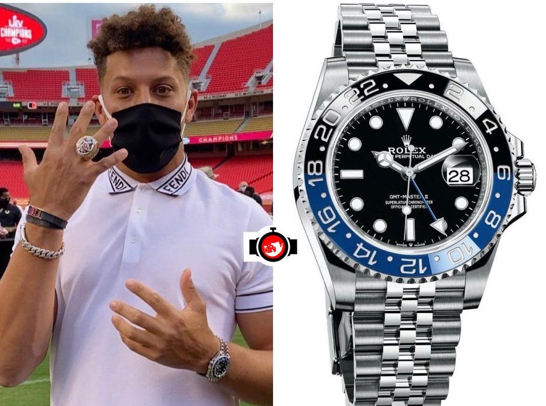 american football player Patrick Mahomes spotted wearing a Rolex 126710BLNR