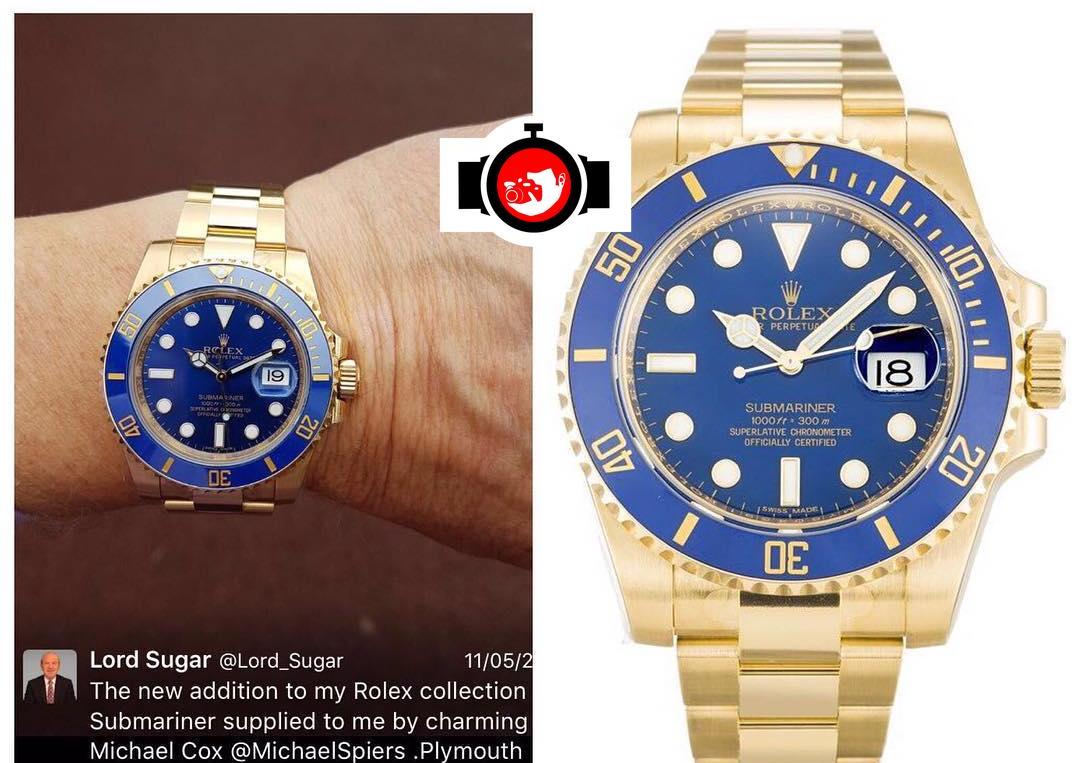 business man Alan Sugar spotted wearing a Rolex 116618LB