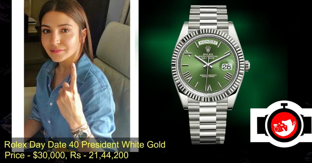Anushka Sharma's Rolex Day Date 40 President in White Gold with a Green Dial and Roman Numerals: A Stylish Timepiece