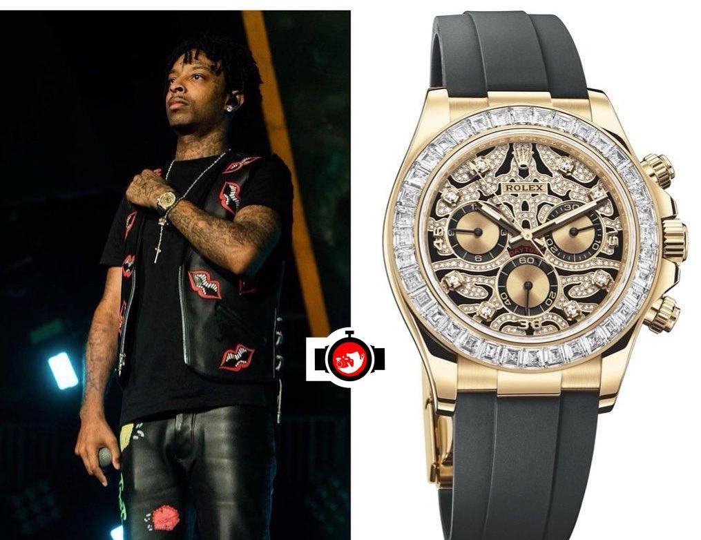 rapper 21 Savage spotted wearing a Rolex 116588TBR
