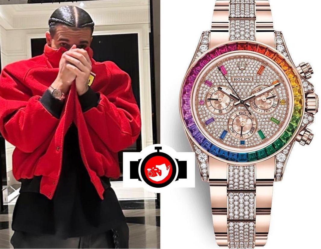 rapper Drake spotted wearing a Rolex 116595RBOW