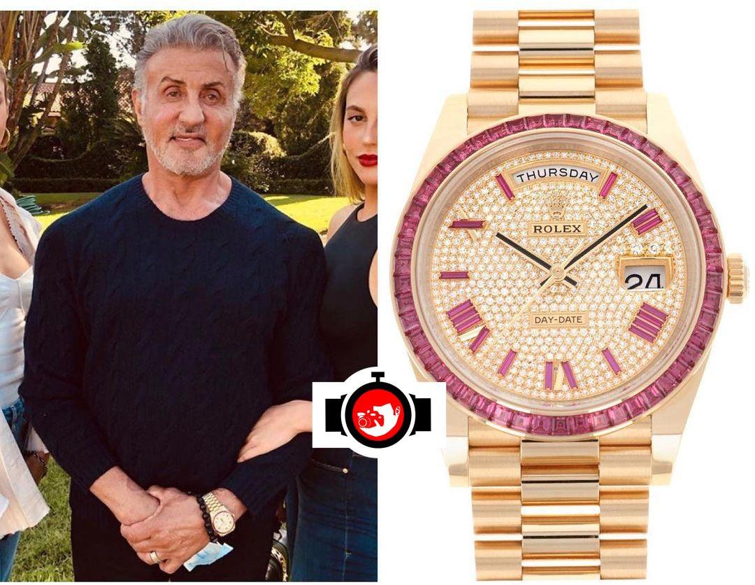 Sylvester Stallone's Dazzling 18K Yellow Gold Rolex Day Date 40 with Pave Dial and Ruby Hour Markers!