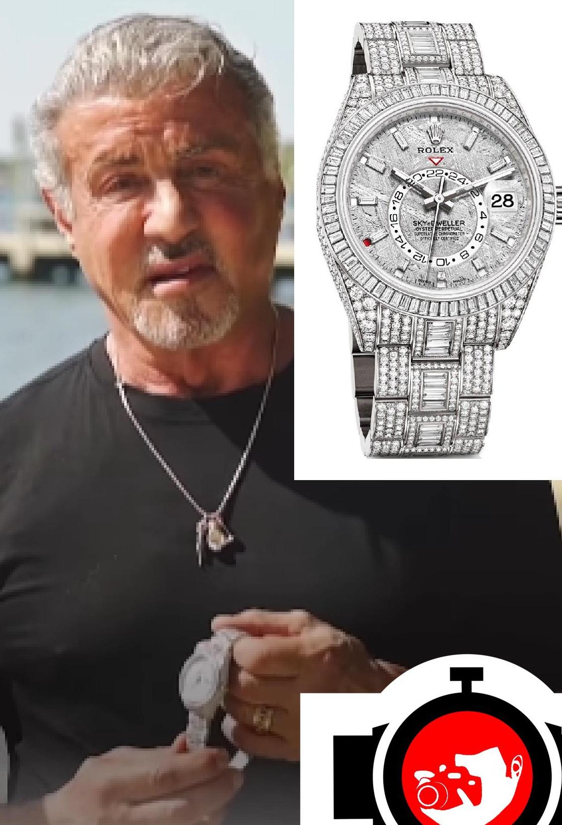 Showcasing the Glitz and Glam of Sylvester Stallone’s 18K White Gold Rolex Sky-Dweller Factory Set With Diamonds Around The Watch With A Meteorite Dial