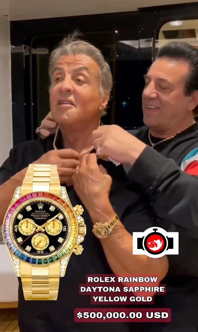 actor Sylvester Stallone spotted wearing a Rolex 116598RBOW