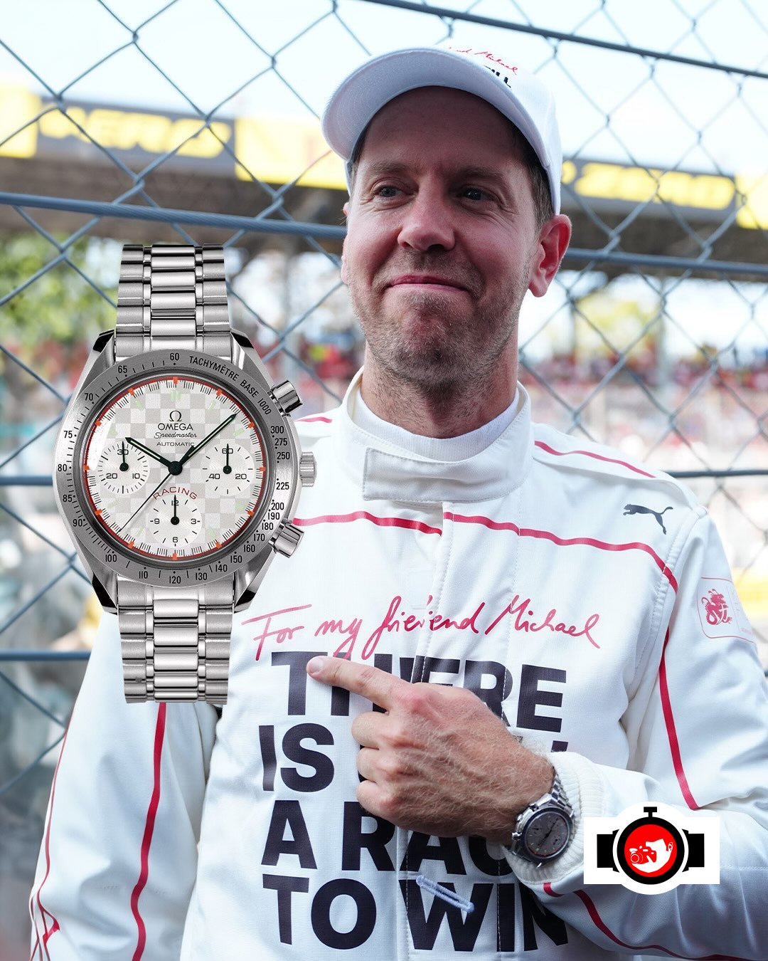 racing driver Sebastian Vettel spotted wearing a Omega 3517.30