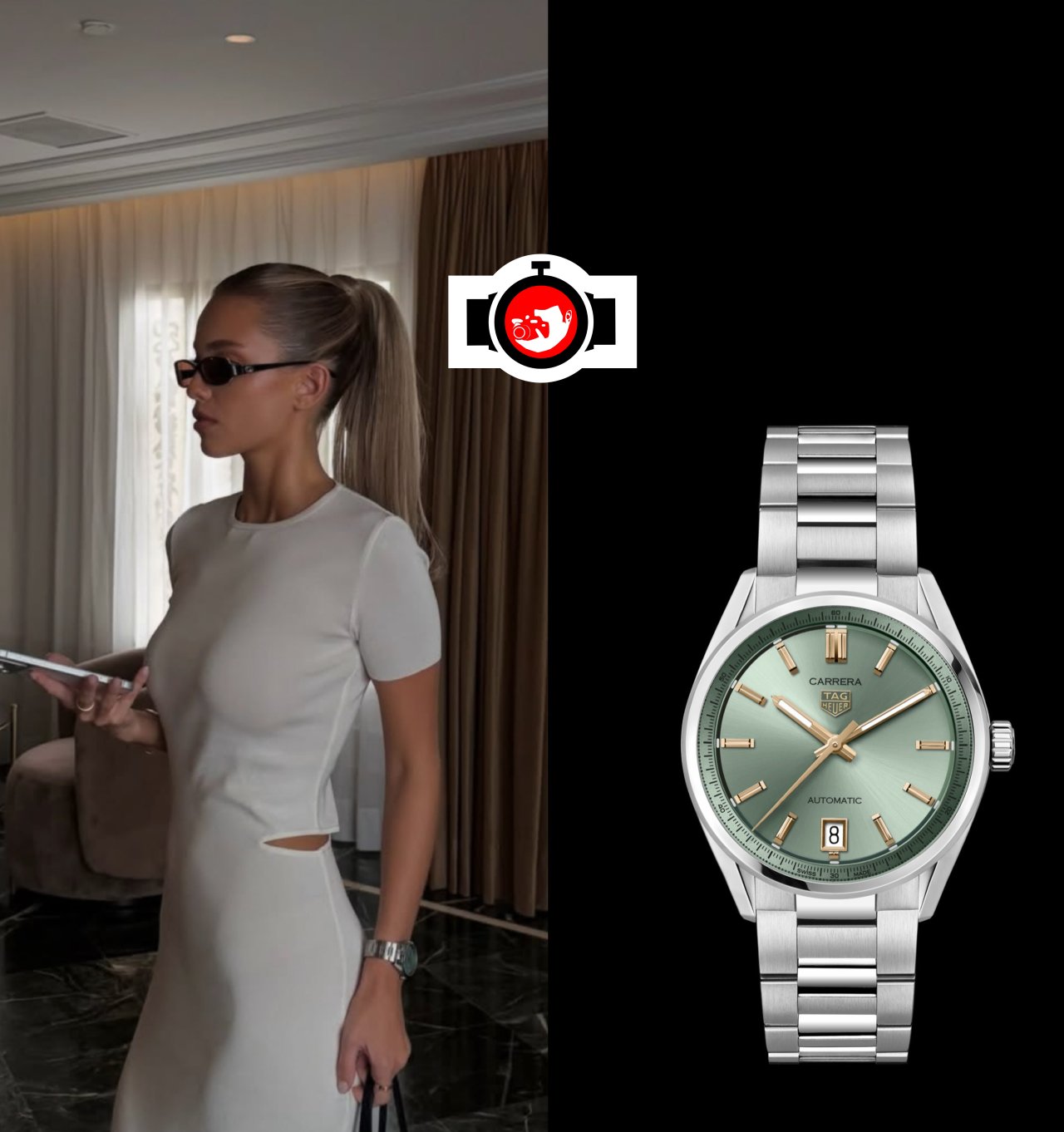 Magui Corceiro Spotted Wearing TAG Heuer Carrera Date 36 with Striking Pastel Green Dial at F1 Madrid GP