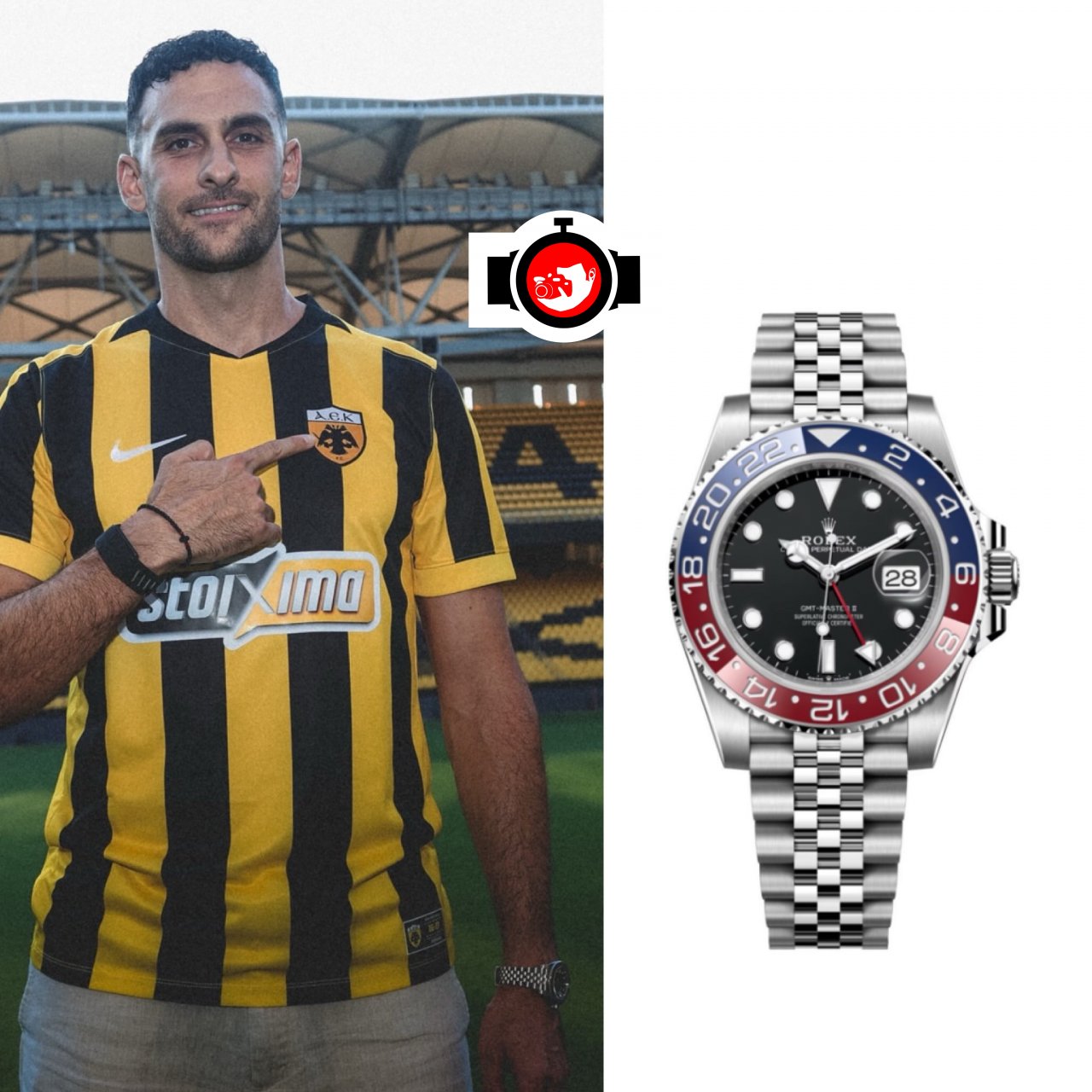 footballer Mpibi Lykogiannis spotted wearing a Rolex 116710BLRO