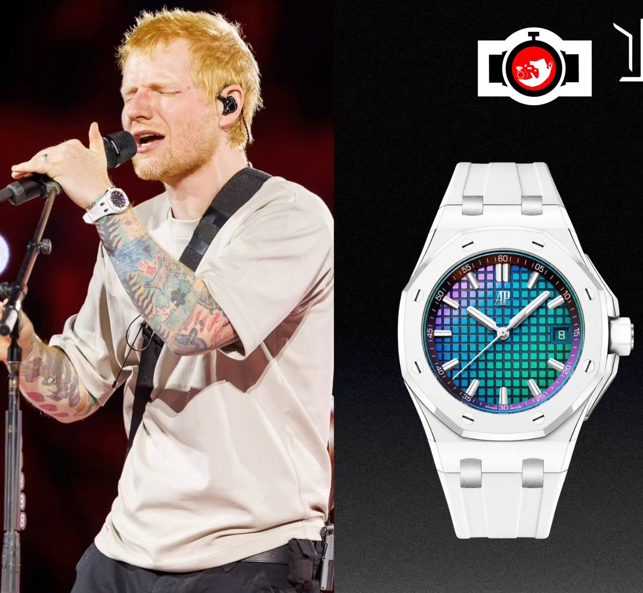 musician Ed Sheeran spotted wearing a Audemars Piguet 77605CB.OO.A422CR.01