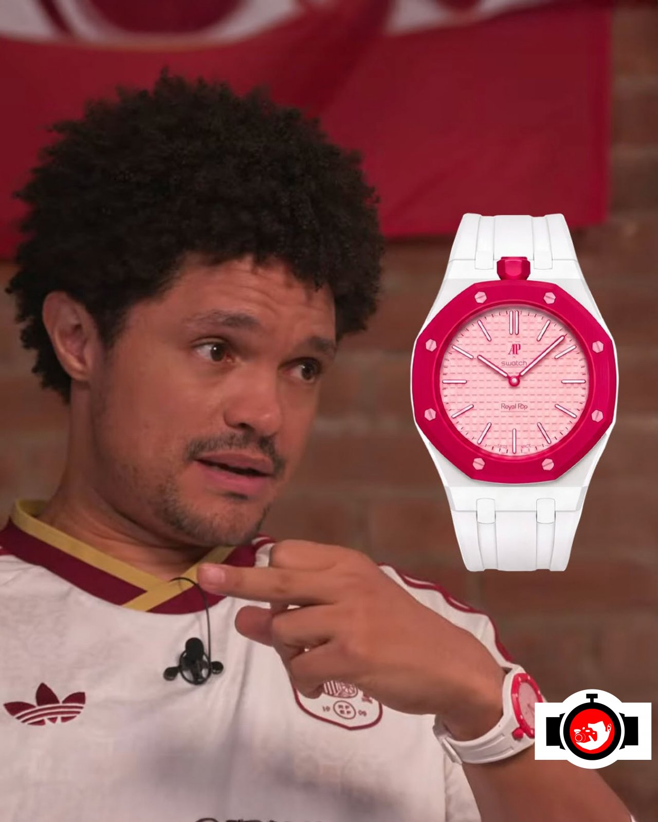 comedian Trevor Noah spotted wearing a Audemars Piguet × Swatch Royal Pop Otto Rosso