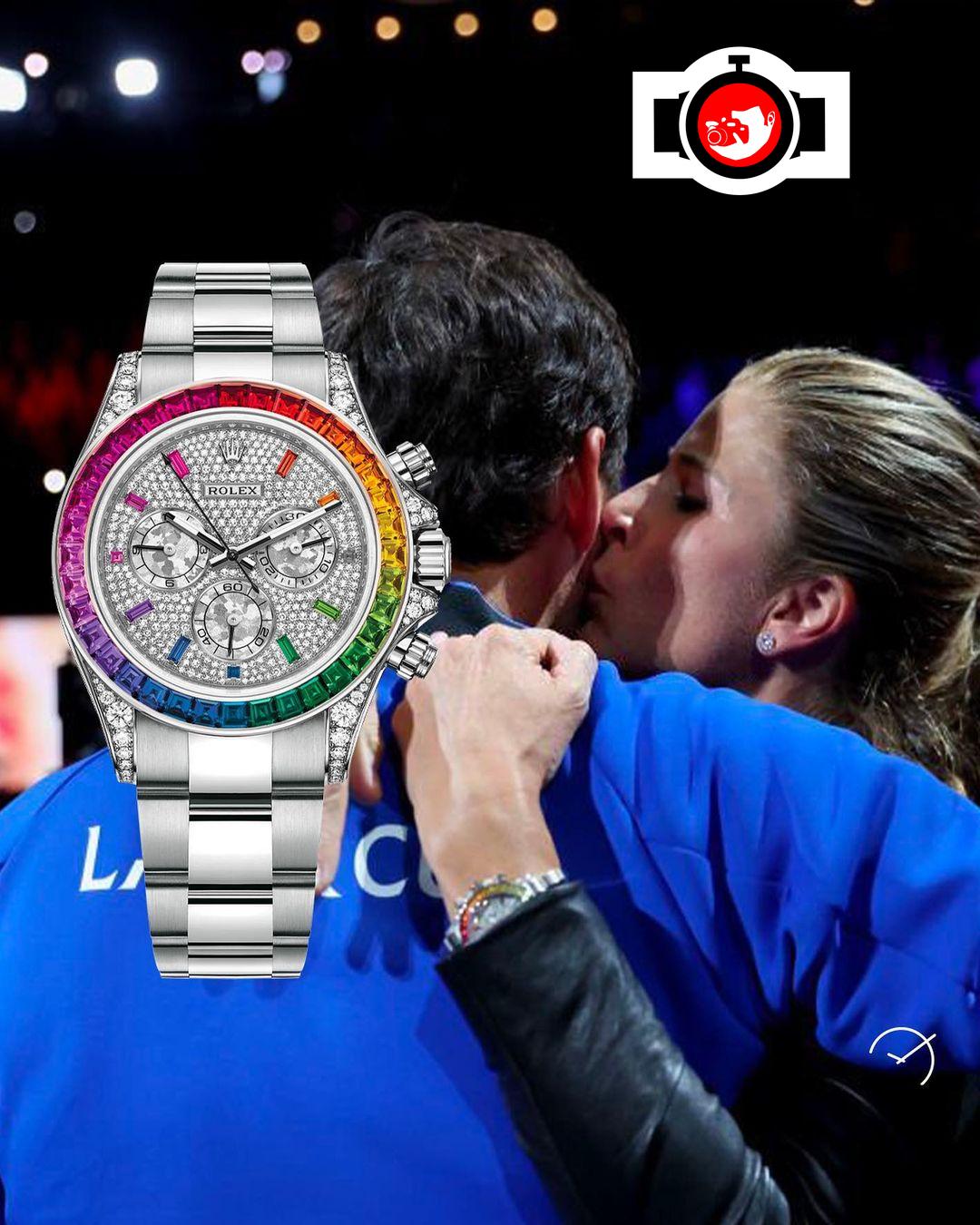 tennis player Mirka Federer spotted wearing a Rolex 116599RBOW