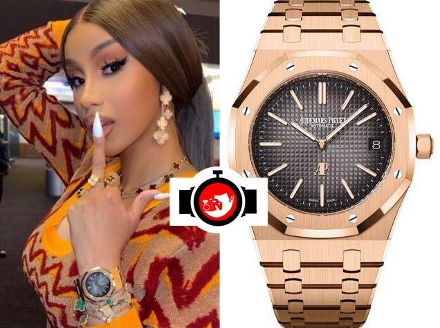 Cardi B's Extravagant Watch Collection: 50th Anniversary 18K Pink Gold Audemars Piguet Royal Oak With a Smoked Slate Grey Petite Tapisserie Dial