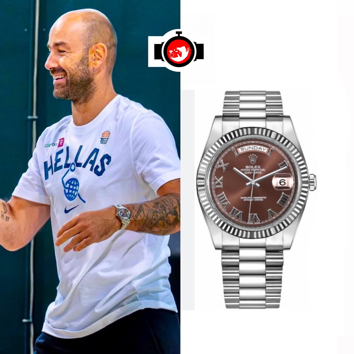 Vassilis Spanoulis Spotted Wearing Rolex Day-Date 36 in White Gold with Chocolate Brown Dial
