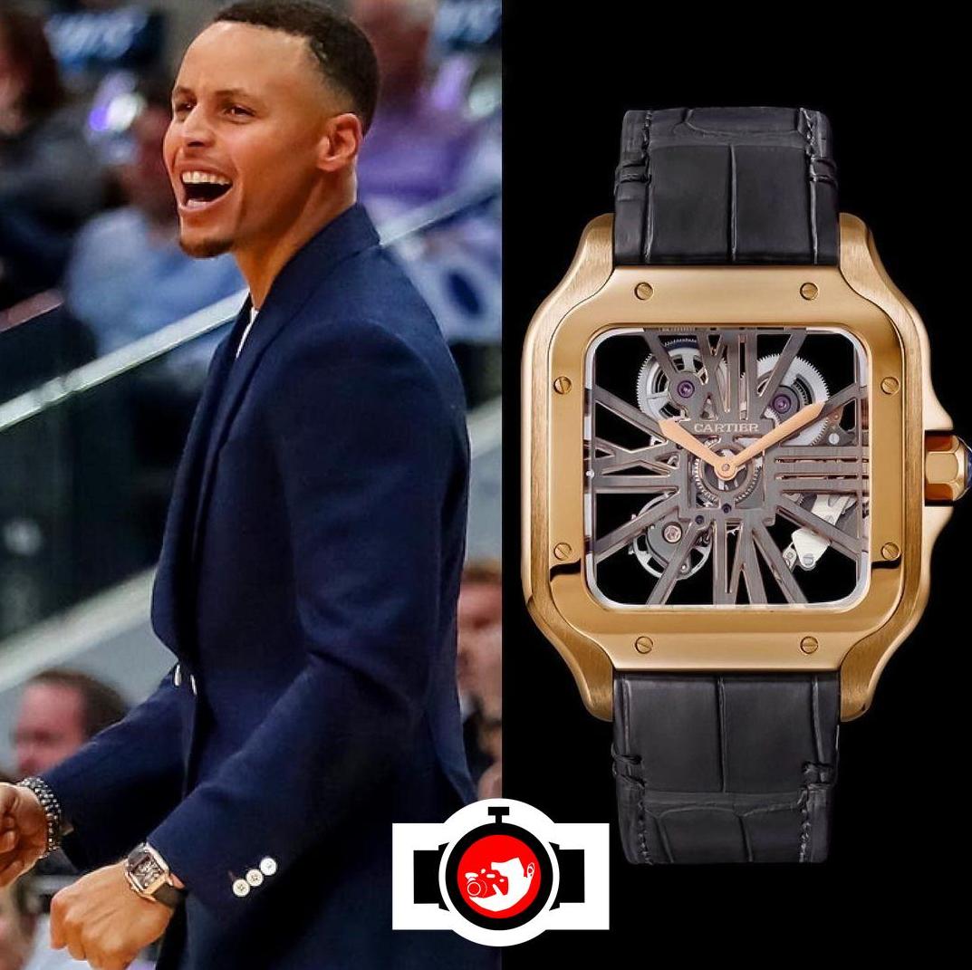 Stephen Curry's Luxurious Watch Collection: A Closer Look at his 18K Rose Gold Santos de Cartier Skeleton.
